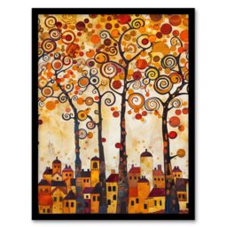 "Artery8 Tangerine Trees Town Painting Autumnal Colours Framed Art Print in Orange - Size: W12"" x H16""" - thumbnail 1