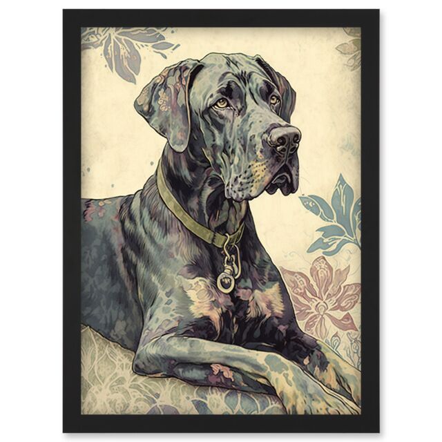 Artery8 Great Dane Dog with Floral Pattern Modern Linocut Illustration Artwork Framed Wall Art Print A4 in Black - image 1