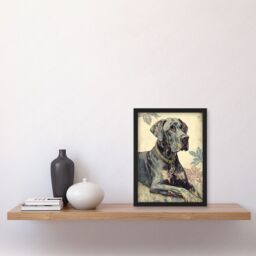 Artery8 Great Dane Dog with Floral Pattern Modern Linocut Illustration Artwork Framed Wall Art Print A4 in Black - thumbnail 2