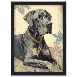 Artery8 Great Dane Dog with Floral Pattern Modern Linocut Illustration Artwork Framed Wall Art Print A4 in Black - thumbnail 1