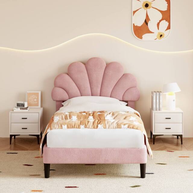Rolipo 3ft Single Pink Velvet Bed Frame with Adjustable Petal Headboard - Size: Double - image 1