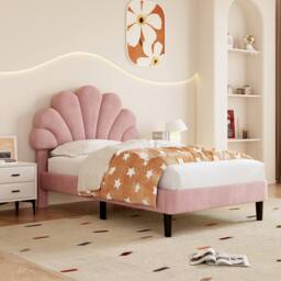Rolipo 3ft Single Pink Velvet Bed Frame with Adjustable Petal Headboard - Size: Double - thumbnail 2