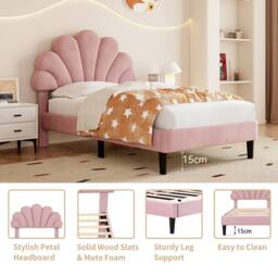 Rolipo 3ft Single Pink Velvet Bed Frame with Adjustable Petal Headboard - Size: Double - thumbnail 7