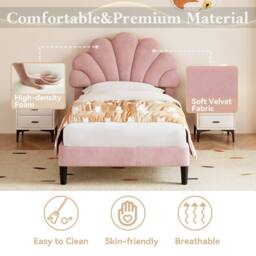 Rolipo 3ft Single Pink Velvet Bed Frame with Adjustable Petal Headboard - Size: Double - thumbnail 5