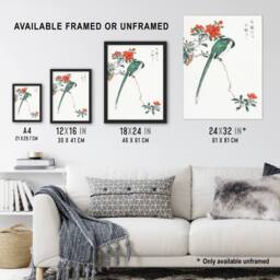 Artery8 Long Tailed Tit & Pomegranate Tree Vintage Framed Wall Art Print Kashu - Size: A4 - thumbnail 3