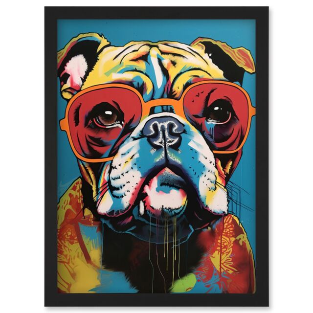 Artery8 English Bulldog Wearing Sunglasses Modern Pop Art Artwork Framed Wall Art Print A4 in Black - image 1