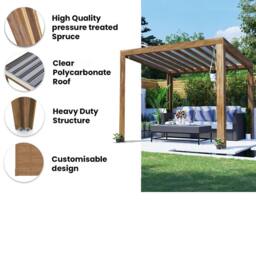 Dunster House Pergola with Roof 3m x 2.5m Pressure Treated Terracube in Brown - thumbnail 2