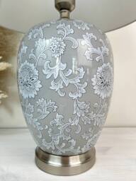 Downton Interiors Grey Floral Ceramic Table Lamp with Pleated Shade - Size: Large - thumbnail 3