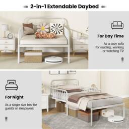 Gymax 2-in-1 Metal Extendable Daybed to Single Size Bed Sofa Bed in White - thumbnail 5