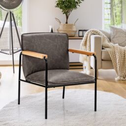 Costway PU Leather Accent Chair Upholstered Armchair With Comfy Backrest & Seat Cushion in Grey - thumbnail 3