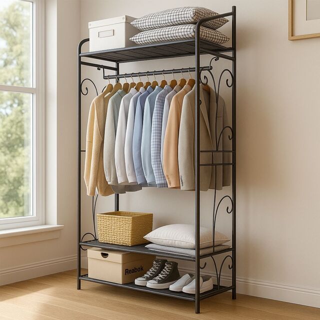 Storvo Heavy Duty Large Metal Clothes Rail Open Wardrobe With 2 Storage Shelves in Black - image 1