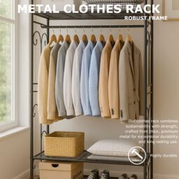 Storvo Heavy Duty Large Metal Clothes Rail Open Wardrobe With 2 Storage Shelves in Black - thumbnail 7