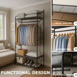 Storvo Heavy Duty Large Metal Clothes Rail Open Wardrobe With 2 Storage Shelves in Black - thumbnail 8