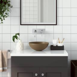 Berkfield Home Sleek Bathroom Sink Ceramic Matt Cream Round in Tan - thumbnail 2