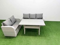 Fimous 5 Seater PE Rattan Wicker Garden Furniture Patio Conservatory Sofa Set with Rectangular Dining Table 3 Seater Sofa Love Sofa in Light Grey - thumbnail 1