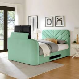PARADISE BEDS LTD Royal View Velvet Upholstered Smart TV Bed Set - Plush Velvet in Aqua - Size: Small Double