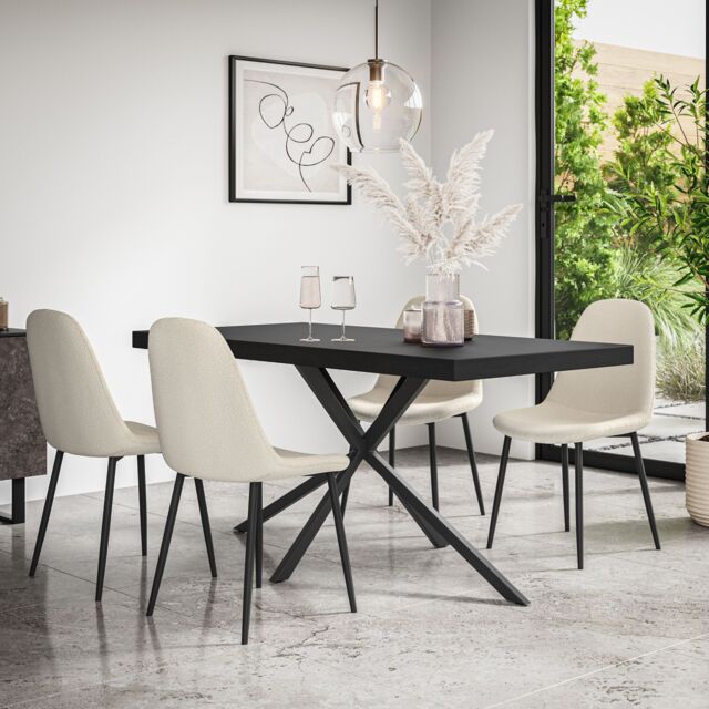 More4Homes Donni Dining Table & Chairs - Black Table Top w Black Legs + Maya Boucle Dining Chair Set Of 6 in Ivory - image 1
