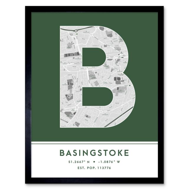 "Wee Blue Coo Wall Art Print Basingstoke England United Kingdom City Map Modern Typography Stylish Letter Framed Word in Green - Size: W12"" x H16""" - image 1