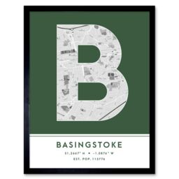 "Wee Blue Coo Wall Art Print Basingstoke England United Kingdom City Map Modern Typography Stylish Letter Framed Word in Green - Size: W12"" x H16""" - thumbnail 1