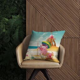 Warren Reed - Designer Piglet On A Beach Holiday Outdoor Cushion in Yellow - Size: 60 cm x 60 cm - thumbnail 2