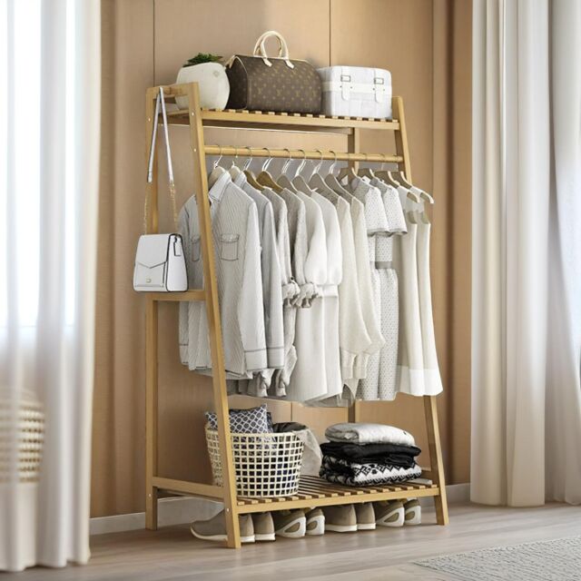 Pirlo Plush 140 x 50CM Bamboo Clothing Rail With Shelves Bedroom Furniture in Brown - Size: 140 x 50 cm - image 1