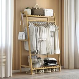 Pirlo Plush 140 x 50CM Bamboo Clothing Rail With Shelves Bedroom Furniture in Brown - Size: 140 x 50 cm - thumbnail 1