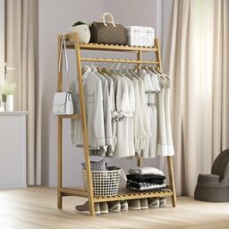 Pirlo Plush 140 x 50CM Bamboo Clothing Rail With Shelves Bedroom Furniture in Brown - Size: 140 x 50 cm - thumbnail 3