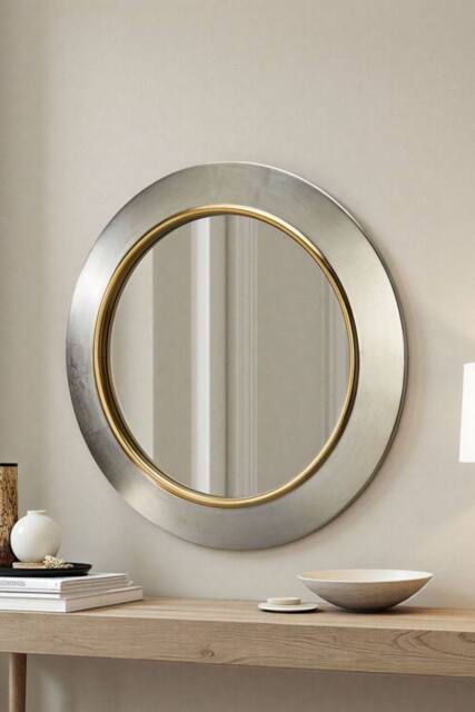 Yearn Mirrors Ava Metallic Silver Round Bevelled Mirror Gold Trim - image 1