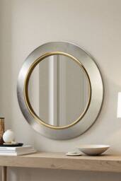 Yearn Mirrors Ava Metallic Silver Round Bevelled Mirror Gold Trim