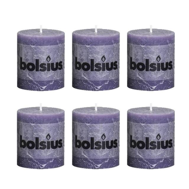 Bolsius Rustic Pillar Paraffin Wax Candle 30 Hour Burn - Set of 6 in Purple