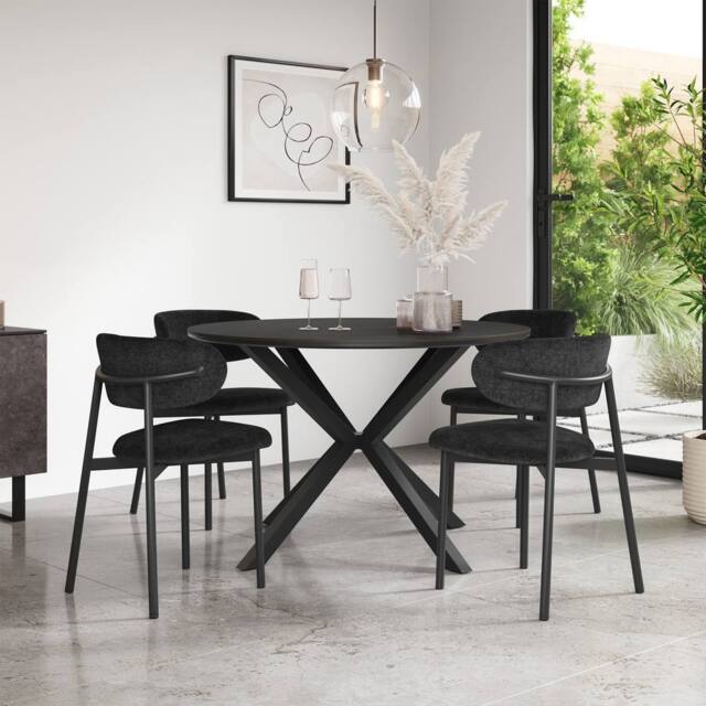 More4Homes Calne Concrete Ceramic Round Dining Table & 4 Myla Linen Chairs in Black - image 1