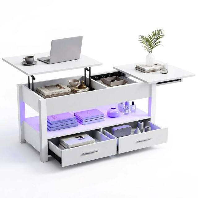 KORVIXA White 4-in-1 LED Lift Top Convertible Coffee Table with Drawers Center - Size: 100 cm x 100 cm - image 1