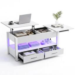 KORVIXA White 4-in-1 LED Lift Top Convertible Coffee Table with Drawers Center - Size: 100 cm x 100 cm - thumbnail 1
