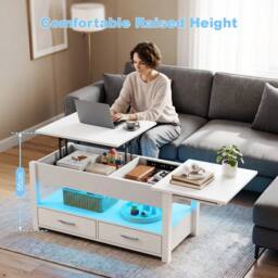 KORVIXA White 4-in-1 LED Lift Top Convertible Coffee Table with Drawers Center - Size: 100 cm x 100 cm - thumbnail 3