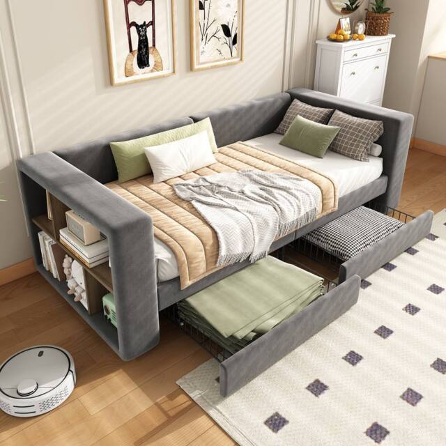 Merax 3ft Single Grey Velvet Daybed Sofa Bed with Side Storage & 2 Drawers - image 1