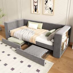 Merax 3ft Single Grey Velvet Daybed Sofa Bed with Side Storage & 2 Drawers - thumbnail 3