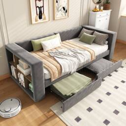 Merax 3ft Single Grey Velvet Daybed Sofa Bed with Side Storage & 2 Drawers