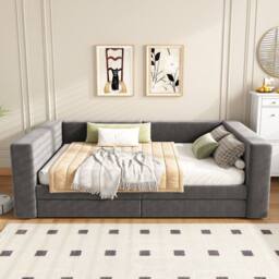 Merax 3ft Single Grey Velvet Daybed Sofa Bed with Side Storage & 2 Drawers - thumbnail 4