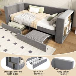 Merax 3ft Single Grey Velvet Daybed Sofa Bed with Side Storage & 2 Drawers - thumbnail 5
