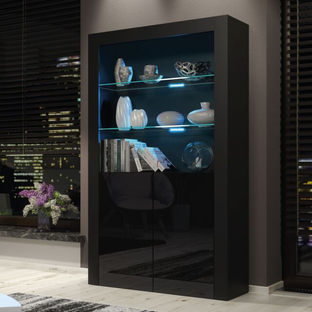 Creative Furniture Spectrum Display Cabinet 170cm with Glass Shelves & LED Lights in Black - image 1