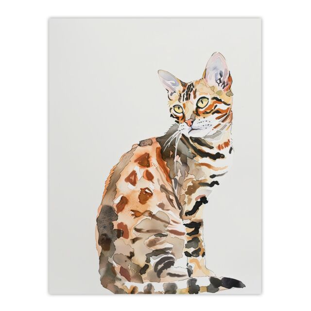 "Artery8 Marble Coat Bengal Cat Lover Bright Watercolour Wall Art Print in Brown - Size: W18"" x H24""" - image 1