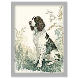English Springer Spaniel Dog in Field Modern Pastel Watercolour Illustration Artwork Framed Wall Art Print A4 - thumbnail 1
