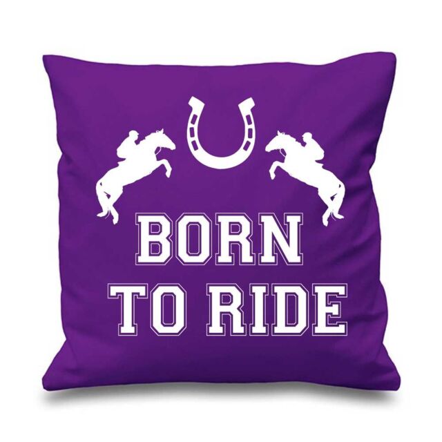 "60 SECOND MAKEOVER Purple Cushion Cover Born To Ride 16"" x 16"" Daughter Friend Gift Decorative Cushion Home Horse Equestrian - Size: 40 cm x 40 cm"
