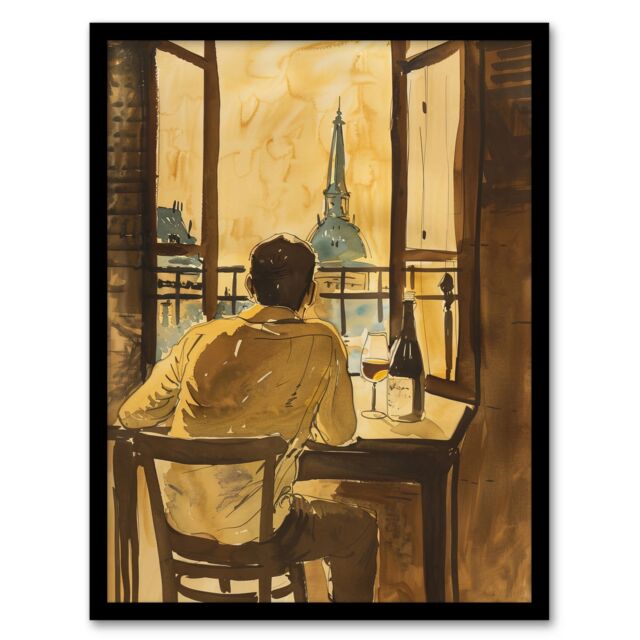 "Artery8 France Portrait Wine Drink Advert Watercolour Framed Wall Art in Brown - Size: W12"" x H16""" - image 1