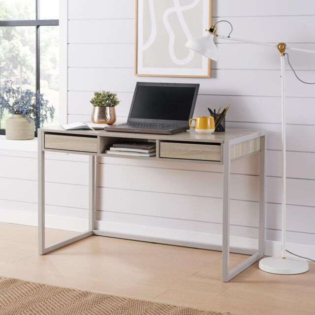 Home Source Office Computer Desk Laptop Workstation 2 Drawer Shelf Storage in Light Oak - image 1