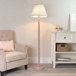 ValueLights Bobbins Painted Rose Pink Floor Lamp with Tapered Fabric Pleated Shade in Pale Green