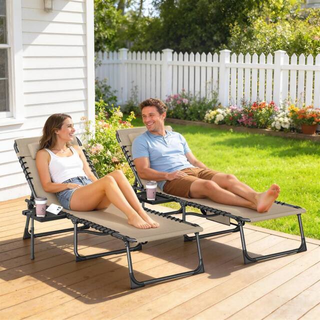 OUTSUNNY Folding Sun Loungers with 5-Level Back, Cup Holder in Beige - Size: 190 cm x 60 cm - image 1