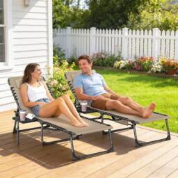 OUTSUNNY Folding Sun Loungers with 5-Level Back, Cup Holder in Beige - Size: 190 cm x 60 cm