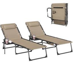OUTSUNNY Folding Sun Loungers with 5-Level Back, Cup Holder in Beige - Size: 190 cm x 60 cm - thumbnail 2