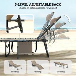 OUTSUNNY Folding Sun Loungers with 5-Level Back, Cup Holder in Beige - Size: 190 cm x 60 cm - thumbnail 4